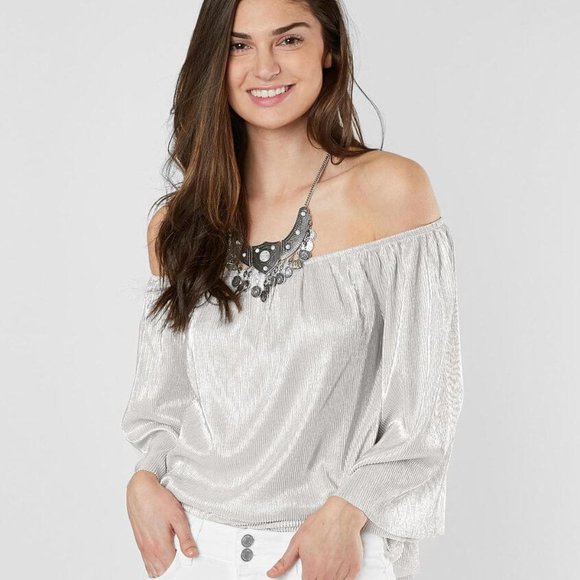 love on a hanger Tops - Pleated Metallic Bell Sleeve Off The Shoulder Top